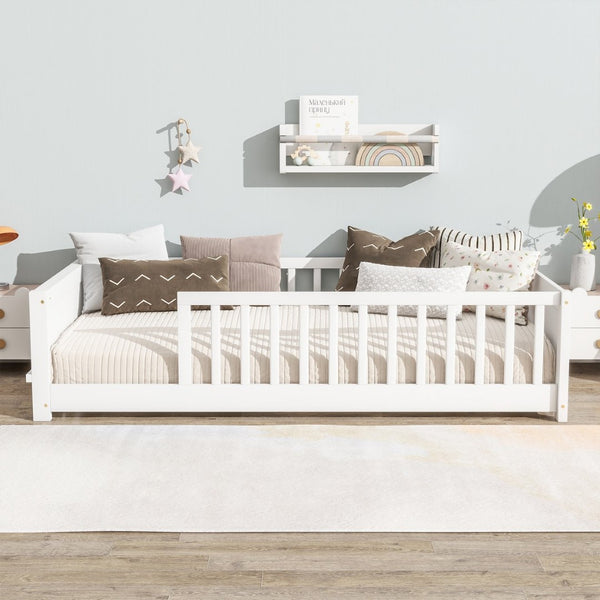 English Elm Twin Floor Platform Bed With Built-In Book Rack, Safe Low Profile Design For Cozy Kids' Rooms! W504P345765-GIGA