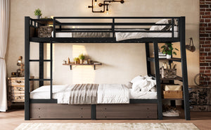 English Elm Full Size Metal Loft Bed with Stair Storage Shelves Bookshelf for Dorms Bedroom W1580S00346