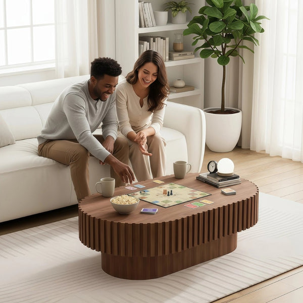 English Elm Oval Fluted Walnut Coffee Table Sculptural Pedestal Base Mid Century Living Room W3204P391004