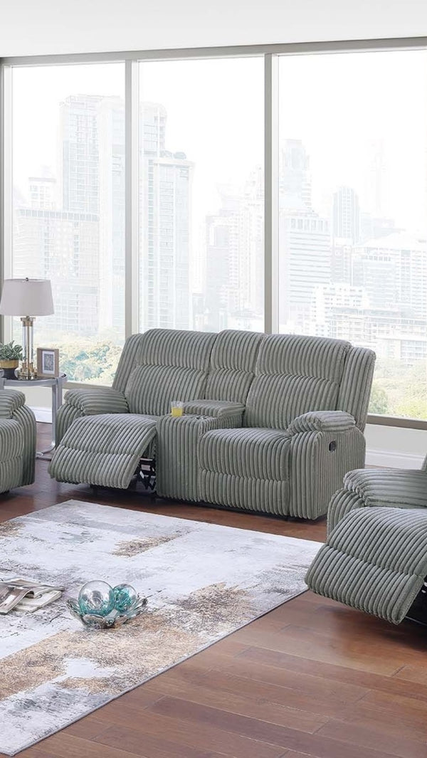 English Elm Smoke Fur-Like Corduroy 2-Seater Loveseat Recliner with Console, Cup Holders, Plush Padded Arms B011P335287