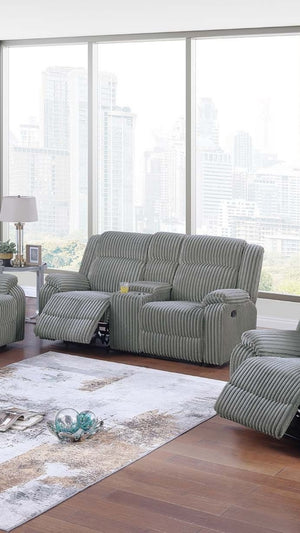 English Elm Sofa Smoke Fur-Like Corduroy 3PC Motion Set w Console & Manual Recliners — Plush Modern Comfort B011S01730