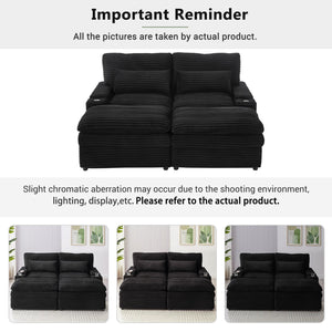 English Elm Loveseat Convertible Sectional Sofa Bed with Storage, Two Ottomans, Dual USB Ports & Cup Holders Black N719S002140B