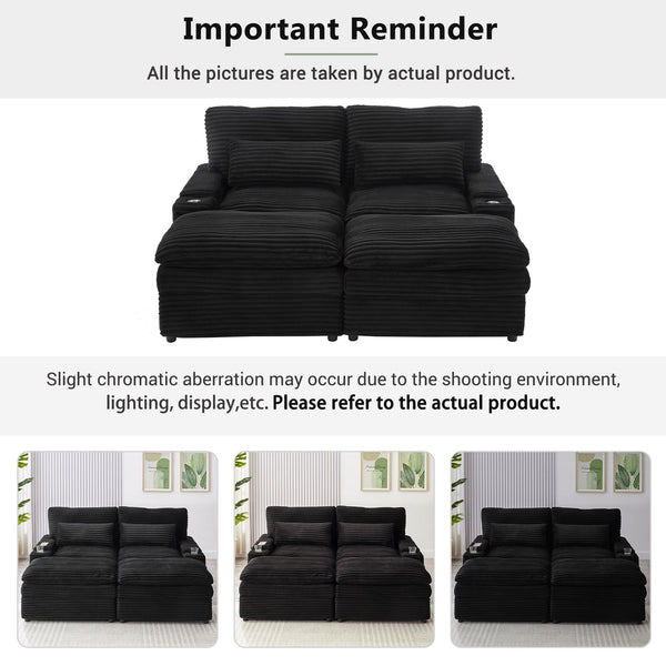 English Elm Loveseat Convertible Sectional Sofa Bed with Storage, Two Ottomans, Dual USB Ports & Cup Holders Black N719S002140B