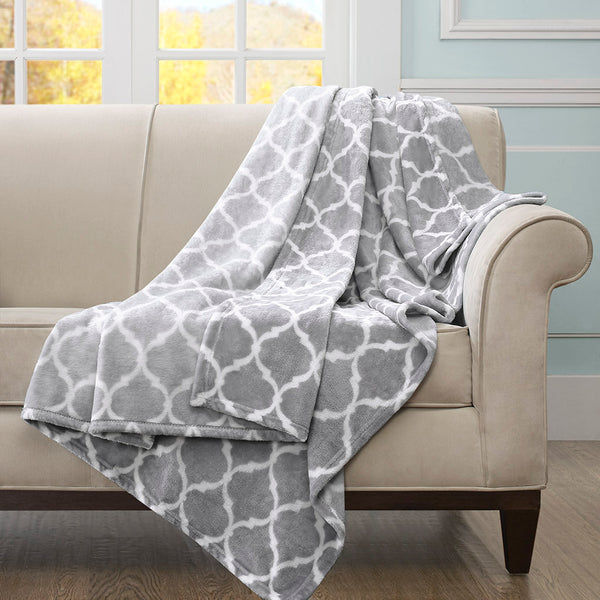 JLA Home Madison Park - Oversized Microlight Plush Throw with Ogee Pattern, Ultra-Lofty Lightweight Comfort, OEKO-TEX Certified Grey MP50-1728