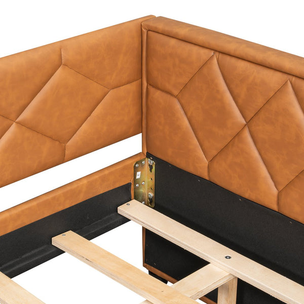 English Elm Full XL Upholstered Daybed with Trundle and Built-In LED Lighting, Tufted Arms, Solid Wood Frame Brown N7090000611D