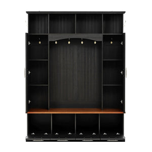 English Elm Hall Tree with Cabinet Storage Bench Gold Hooks Modern Farmhouse Entryway Organizer N721P313980B