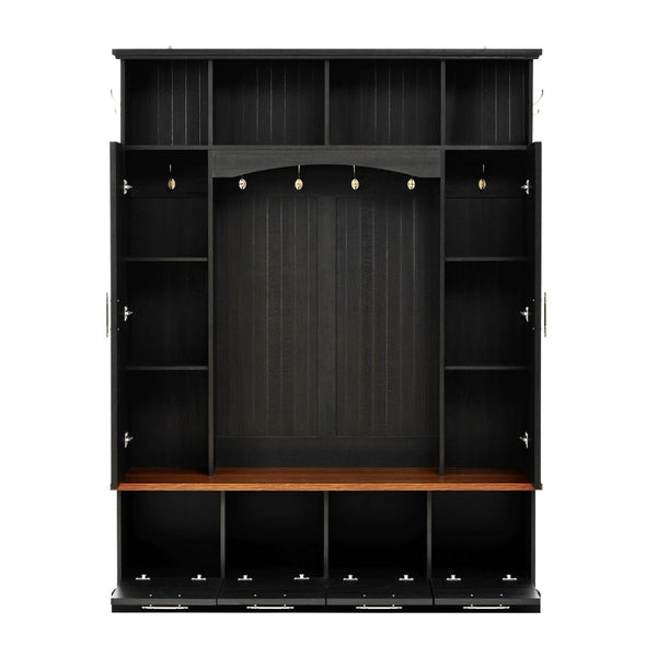 English Elm Hall Tree with Cabinet Storage Bench Gold Hooks Modern Farmhouse Entryway Organizer N721P313980B