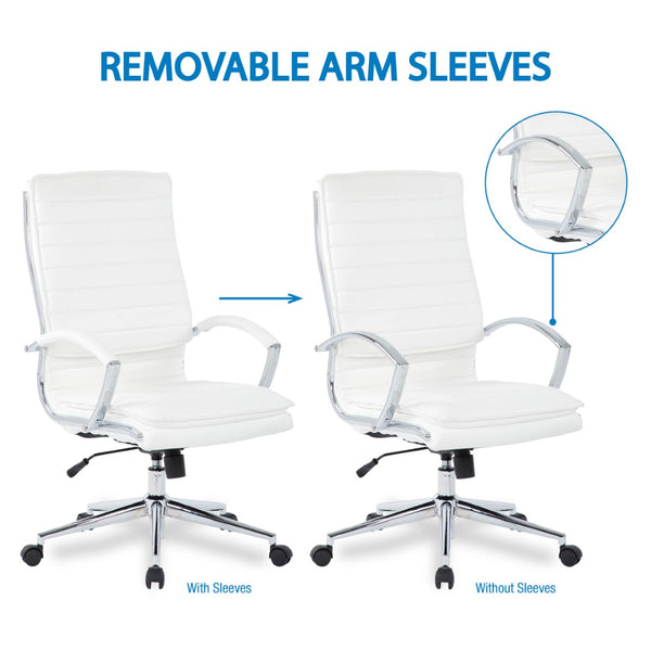 OSP Home Furnishings High Back Executive Office Chair with Faux Leather Upholstery Lumbar Support Chrome Arms White SPX23590C-U11