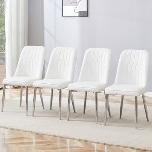 English Elm 4 Modern Dining Chairs White+Silver – Ergonomic PU Leather Cushions, Sturdy Metal Legs, Anti-Slip Pads, Easy Assembly (Set) W1151P295414