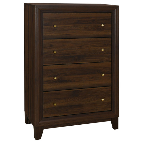 English Elm Anza Queen Bedroom Set with Taupe Upholstered Headboard and Walnut Finish Storage B062S01691