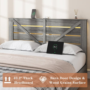 English Elm Queen-size Storage Bed with Led Headboard Barn Door Wood Grain Panel and Four Drawers W5026P429542