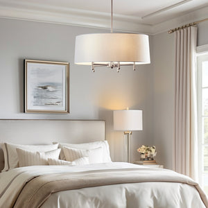JLA Home Hampton Hill - Presidio Elegant 5-Light Dimmable Chandelier with Tapered Fabric Drum Shade and Adjustable Height, Brushed Metal Finish Silver/White MPS150-0107