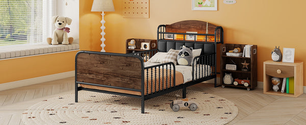 English Elm Twin Solid Wood Platform Bed with Guardrail for Kids, Low-Profile Sturdy Pine Frame, Safe Sleep Solution Black 45.87 L x 17.72 W x 11.22 H W2593P337457
