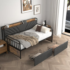 English Elm Twin Daybed with Drawers and USB Charging Station, Metal Frame, Upholstered Headboard, LED Mood Lighting Black+Brown+Grey W2129P244635