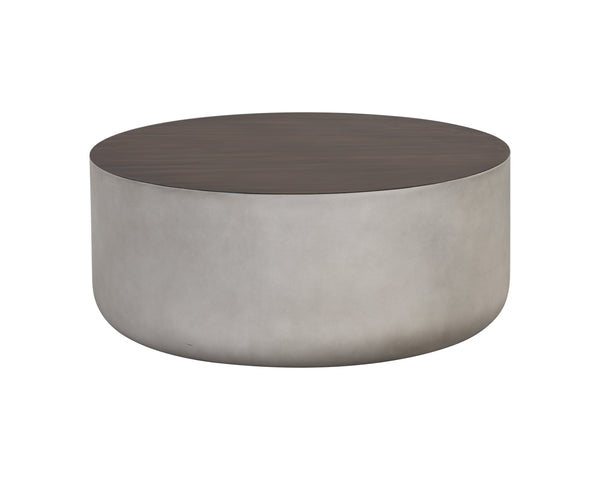 Sunpan Diaz Coffee Table - Stylish Drum Design with Unique Concrete Finish for Modern Indoor and Outdoor Spaces Grey / Wood Grain Brown