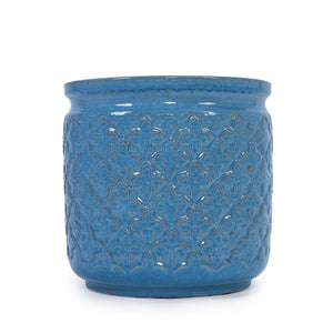 English Elm Set Of 3 Antique Blue Ceramic Flowerpots - Artisan Planters For Garden, Patio & Indoor Decor W3273P321480-GIGA