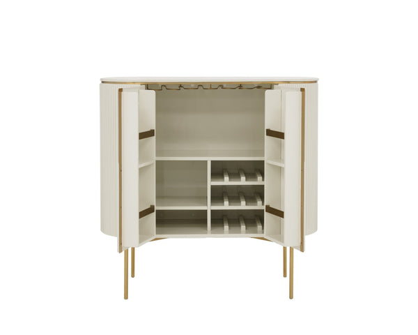 Sunpan PALOMA Bar Cabinet - Luxurious High-Gloss Cream Storage with Curved Design & Gold Accents 111219