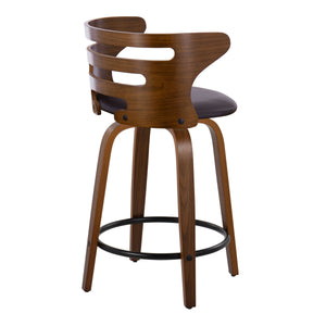 English Elm Cosini Mid-Century 24" Fixed Counter Stool Set of 2 — Walnut Bent Wood, Brown Faux Leather Swivel, Cozy Footrest B202S00024
