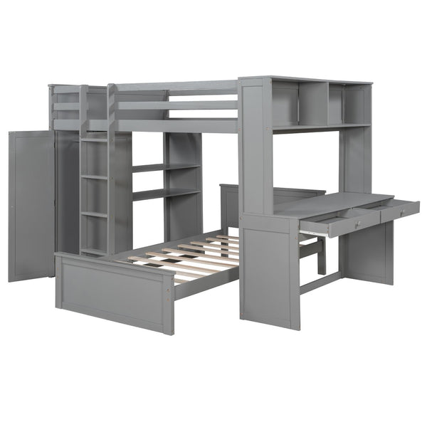English Elm Full Twin Loft Bed with Desk Wardrobe Shelves Pine Wood Frame Kids Bedroom Gray LT000821AAE-1