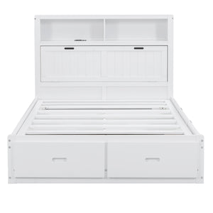 English Elm Wood Full Size Hydraulic Platform Bed with LED Headboard, Charging Station, Hidden Storage Drawers and Shelves White GX000371AAK