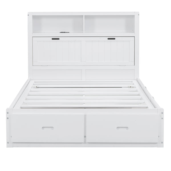 English Elm Wood Full Size Hydraulic Platform Bed with LED Headboard, Charging Station, Hidden Storage Drawers and Shelves White GX000371AAK