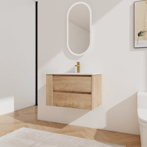 English Elm 30" Wall-Mount Bathroom Vanity With Ceramic Sink, Soft-Close Drawers & Configurable Side Shelf W999S00206