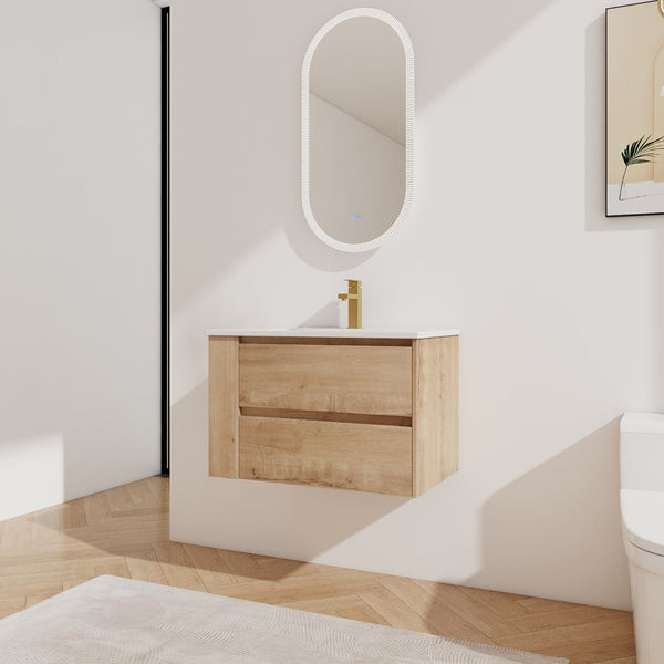 English Elm 30" Wall-Mount Bathroom Vanity With Ceramic Sink, Soft-Close Drawers & Configurable Side Shelf W999S00206