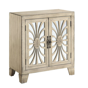 English Elm Nalani Antique White Console Cabinet with Mirrored Paneled Doors, Tapered Legs & Hidden Storage B2726P272314