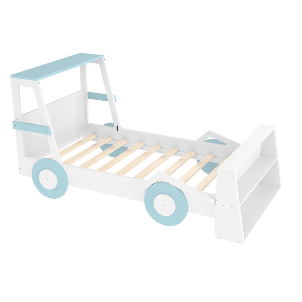 English Elm Twin Pine Treehouse Floor Bed with Padded Rails and Cabin Roofline for Kids White+Blue W1580S00470