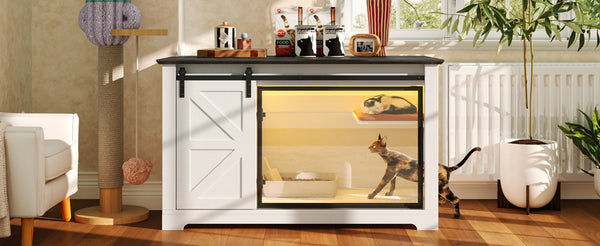 English Elm 46" Farmhouse Litter Box Enclosure with Barn Door Led Lighting and Storage Cabinet N704P402453K