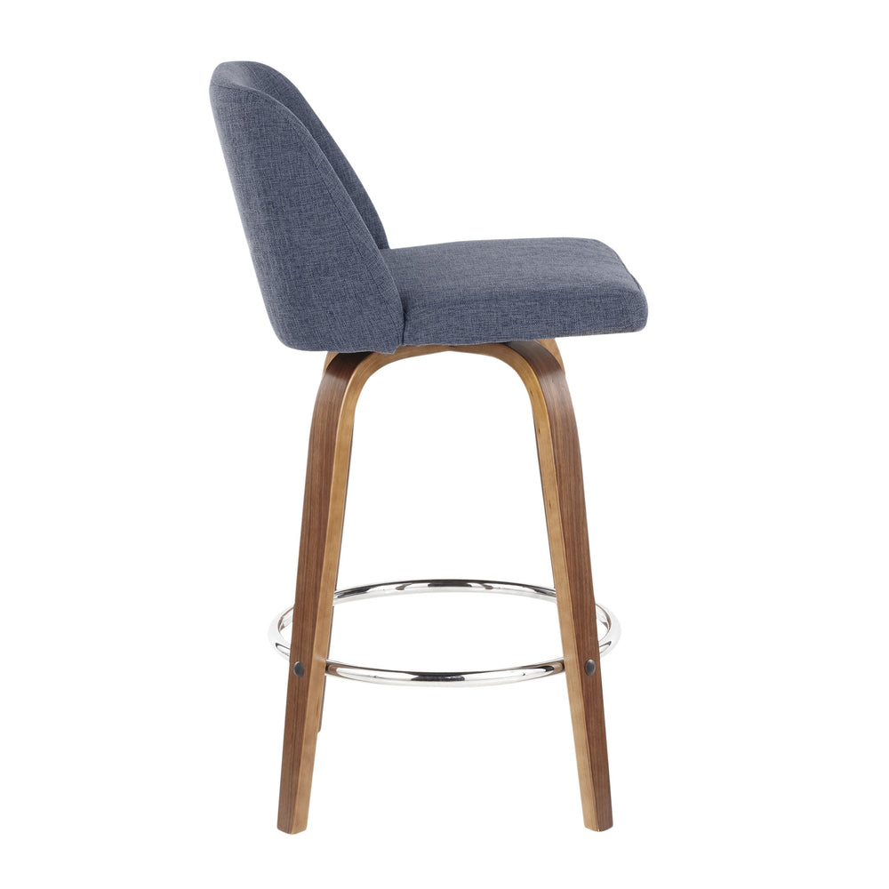 English Elm Toriano Mid-Century Modern Counter Stool Set of 2 with Padded Fabric Seat, Walnut Legs & Chrome Footrest Blue B202S00384