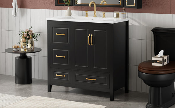 English Elm Christopher Knight Home® - 36" Freestanding Bathroom Vanity with Resin Sink, Soft-Close Doors & Drawers, Gold Alloy Handles, Spacious Storage and Easy Plumbing Access Black N759P292552B