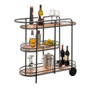 English Elm Bar Cart Black finish with Amber Tempered Glass Shelves, Powder-Coated Metal Frame, Casters for Small Spaces B356P354498