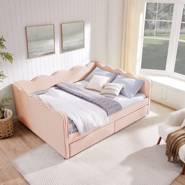 English Elm Queen Gingham Linen Daybed with Wave Backrest Two Storage Drawers and Usb Port Pink W1413S00150