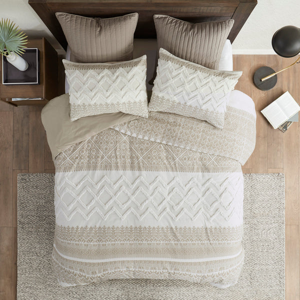 English Elm King/Cal King/Cal 3 Piece Mila Cotton Duvet Cover Set with Taupe Botanic Print, Chenille Chevron Tufting, OEKO-TEX Certified B035129139