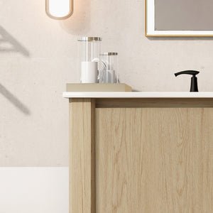 English Elm Christopher Knight Home® - 36" Modern Wall-Mounted Bathroom Vanity with Ceramic Sink, Soft-Close Doors, Fluted Accent & Open Shelves Antique Natural N817P245321N