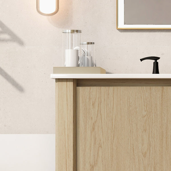 English Elm Christopher Knight Home® - 36" Modern Wall-Mounted Bathroom Vanity with Ceramic Sink, Soft-Close Doors, Fluted Accent & Open Shelves Antique Natural N817P245321N