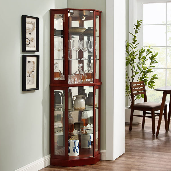 English Elm 6 Shelf Corner Curio Cabinet with Interior Lighting, Mirrored Back, Glass Shelves for Displays Cherry W1693P165027