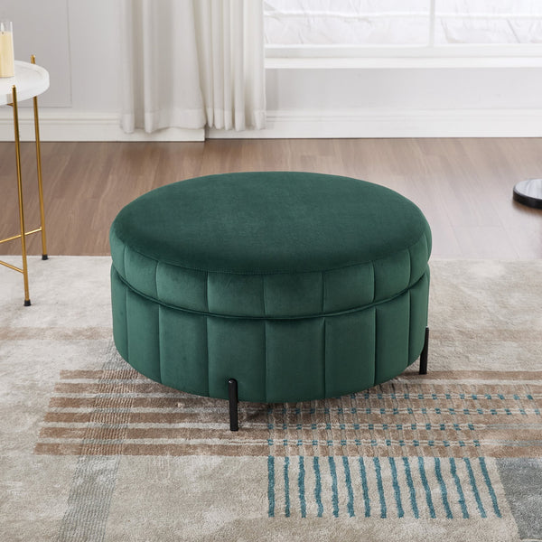 English Elm 31.5"W Velvet Storage Ottoman with Reversible Lid, Channel-Tufted Pumpkin Shape, Solid Wood Frame, 275 lb Capacity, Stylish Living Room Accent Green W3118P272636