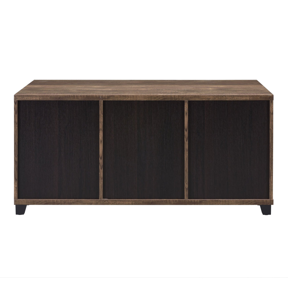 English Elm Rustic Oak and Black Coffee Table with Glass Sliding Barn Doors, Hidden Storage Compartments, 47.5" wide B062P181396