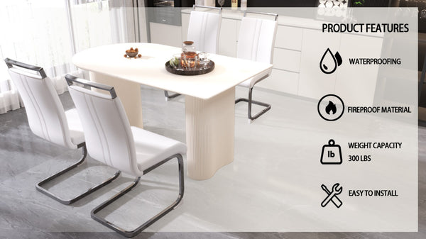English Elm 63 Inch Cream Mdf Dining Set with Pu Chairs and Silver Metal Bases Seats Four W2189S00904
