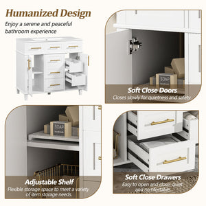 English Elm 36" White Bathroom Vanity Cabinet with Ceramic Sink, Gold Handles, Soft-Close Drawers & Adjustable Shelf N729P204177K