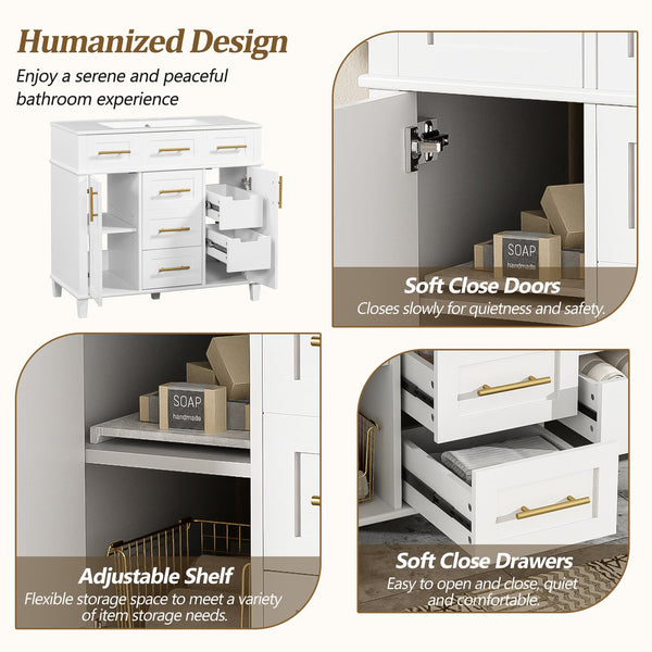 English Elm 36" White Bathroom Vanity Cabinet with Ceramic Sink, Gold Handles, Soft-Close Drawers & Adjustable Shelf N729P204177K