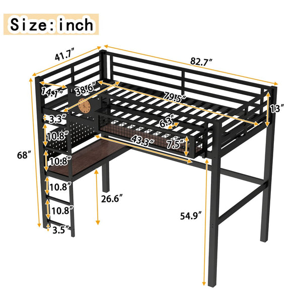 English Elm Twin Xl Solid Pine Loft Bed with Built-in Led Lighting and Storage Shelves W1580S00374