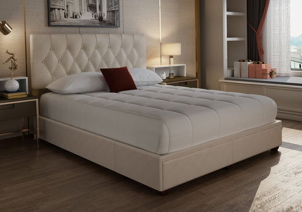 English Elm Queen Upholstered Storage Bed in a Box with Built-In Drawers and Polyester Fabric for Easy Organization Light beige 67.25 L x 26.75 W x 16.75 H B2699P293584