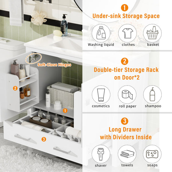 English Elm 36" White Bathroom Vanity with Ceramic Sink, Soft-Close Doors, Divided Drawer & Double Shelves for Organized Modern Bathrooms N729P276609K