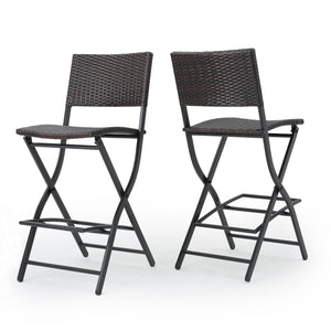 English Elm Christopher Knight Home® - Outdoor Wicker Barstools Foldable Faux Rattan Patio Bar Stools Set of 2 with Iron Frame, Footrest, 28" Seat Height, Multibrown Comfort 59958.00MBN
