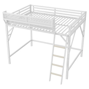 English Elm Queen Size Metal Loft Bed with Ladder and Built-In Storage Shelves, Sturdy High Bed for Teens 99" White W2580P379980