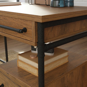 English Elm L-Shaped Desk With Elegant Brown Finish – Versatile Workspace Solution With Ample Storage & Cable Management B356P367765
