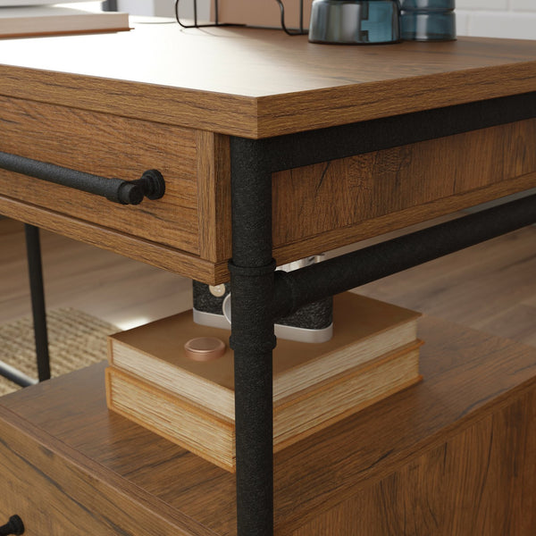 English Elm L-Shaped Desk With Elegant Brown Finish – Versatile Workspace Solution With Ample Storage & Cable Management B356P367765